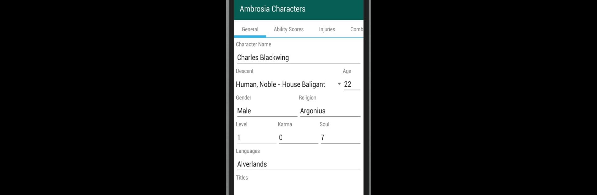 Ambrosia Character Sheets